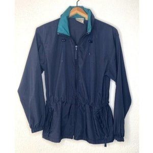 LL Bean Vintage Navy Green Windbreaker Jacket Hooded Full Zip Logo Size Small